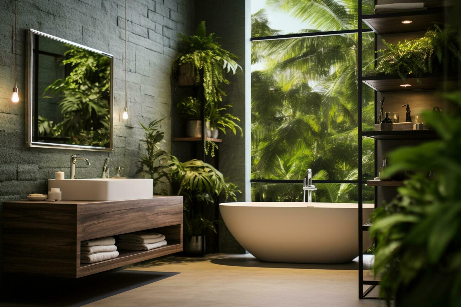 bagno interno con verde muri, calcestruzzo pavimento, confortevole vasca da bagno e scaffali con impianti. 3d interpretazione ai generato foto