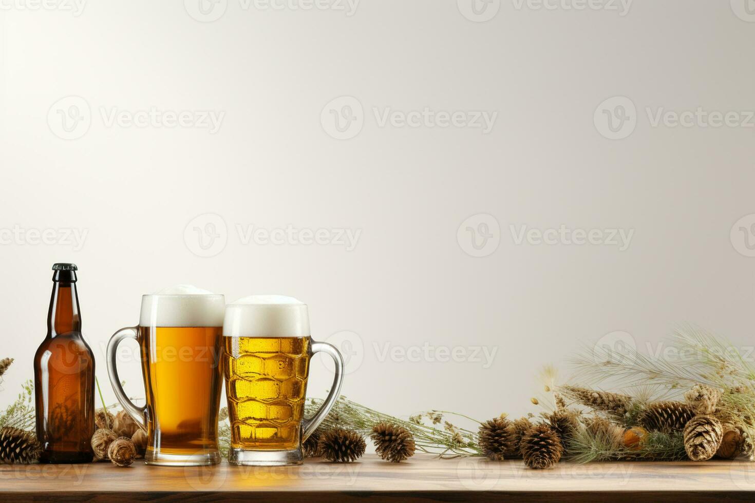 tazze di birra su un' di legno tavolo. su un' bianca sfondo. ai generato foto