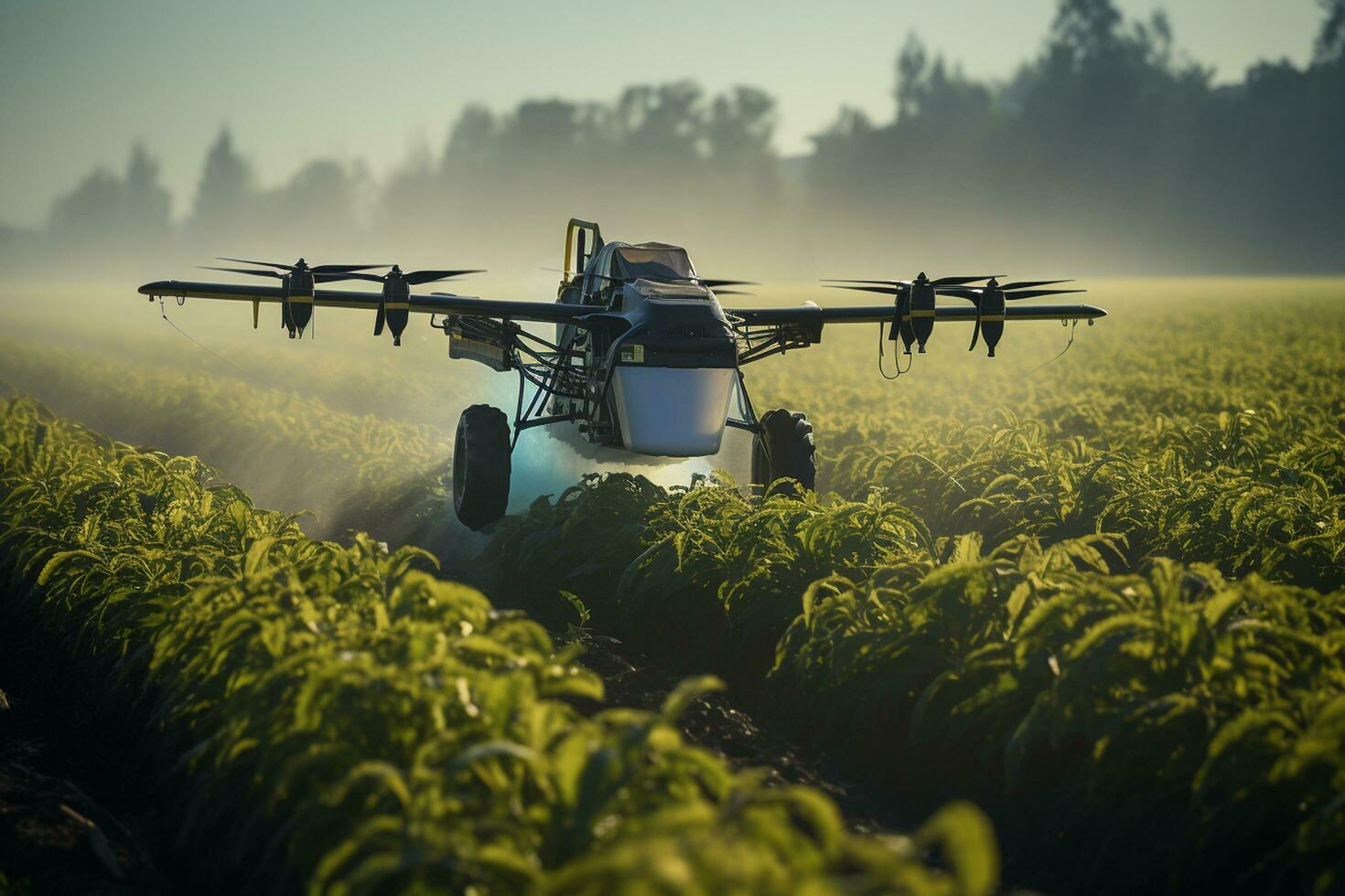 fuco spruzzatura pesticidi su agricolo campo a tramonto. fuco spruzzatura pesticidi su agricolo campo. ai generato foto