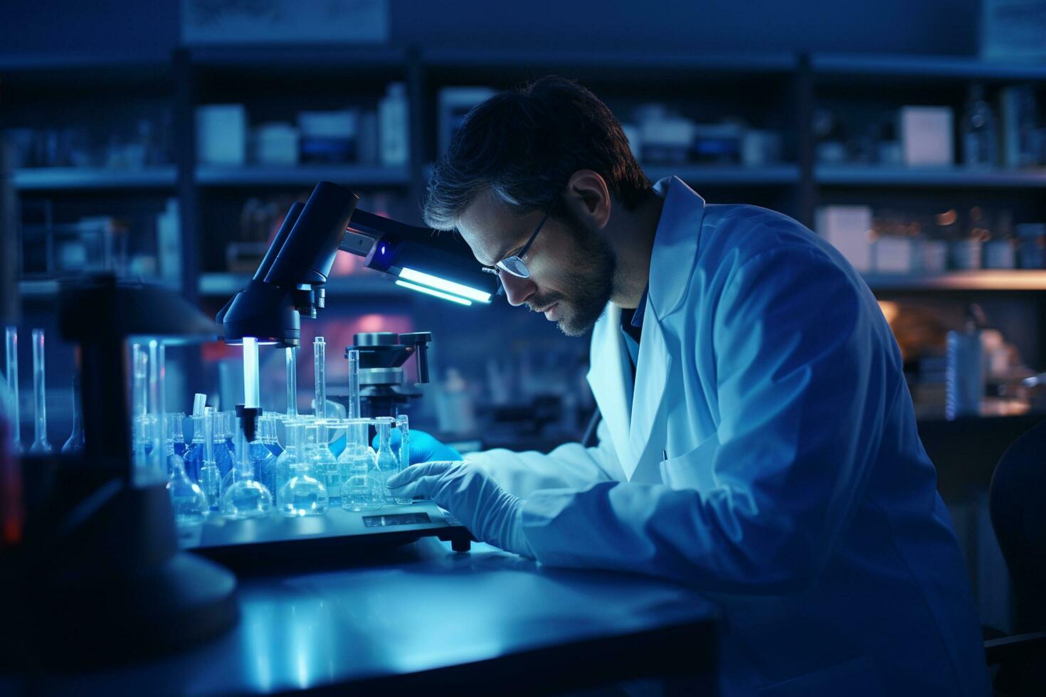 scienziato Lavorando nel laboratorio. giovane maschio ricercatore trasporto su scientifico ricerca nel un' laboratorio. ai generato foto