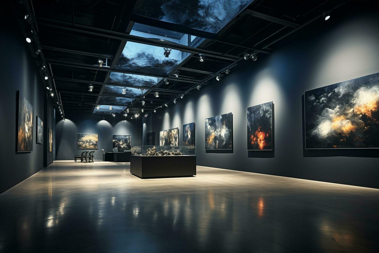 interno di moderno Museo con vuoto cornici. galleria concetto. 3d interpretazione ai generato foto