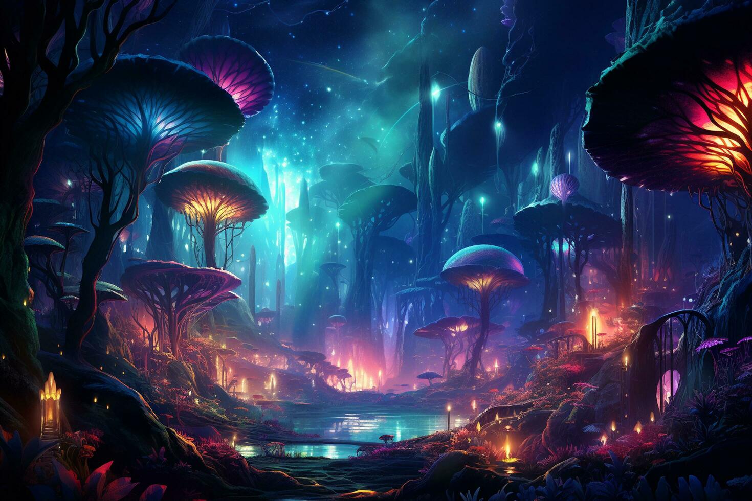 fantasia paesaggio con funghi nel il foresta. 3d illustrazione. ai generato foto