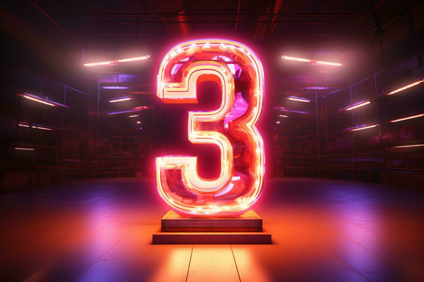 3d interpretazione di un' neon numero 3 su un' buio sfondo. ai generato foto