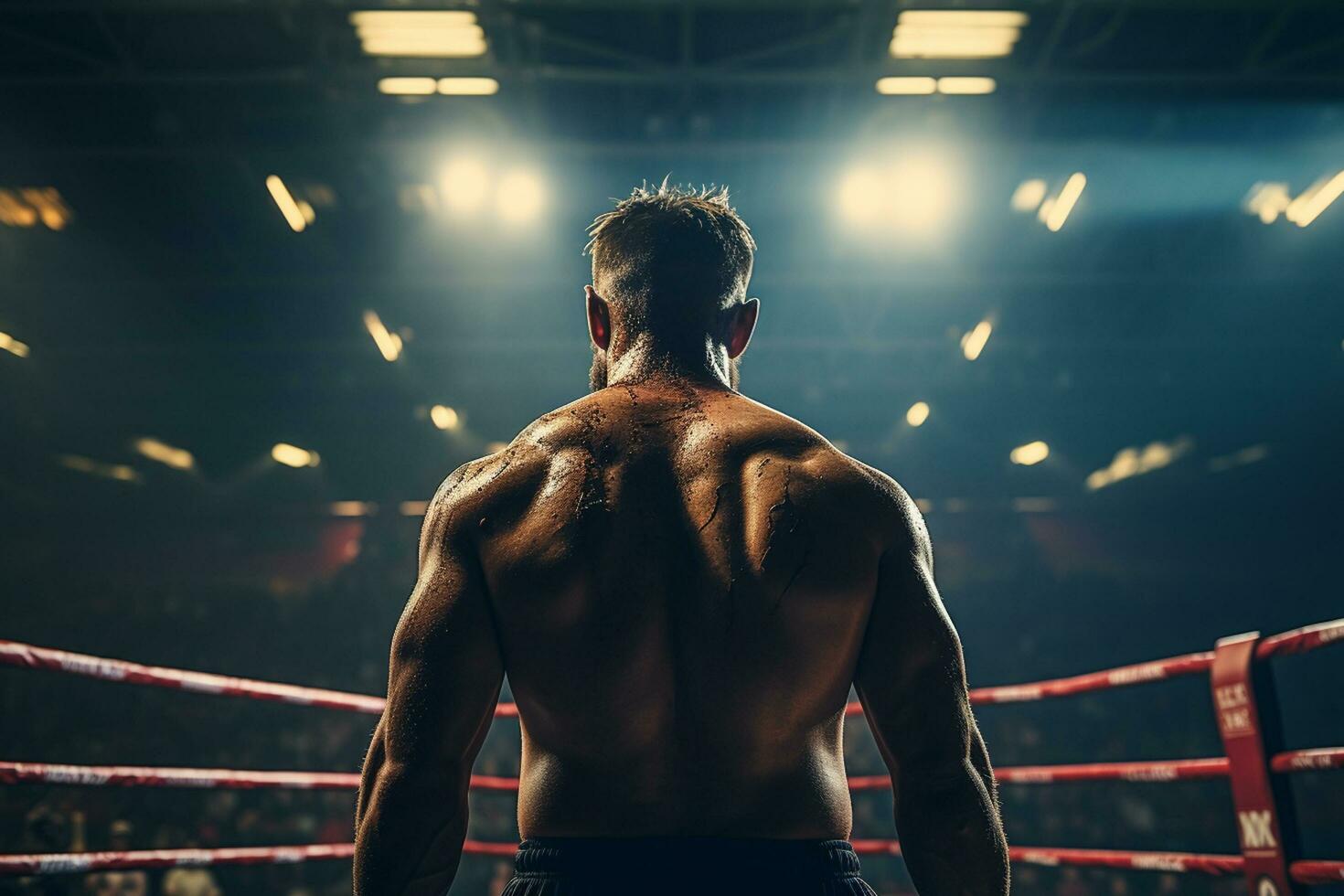 bello muscolare pugile nel boxe squillare a il palestra. boxe concetto. ai generato foto