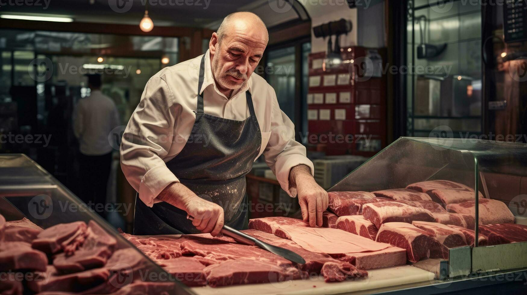 un' macellaio taglio carne generativo ai foto