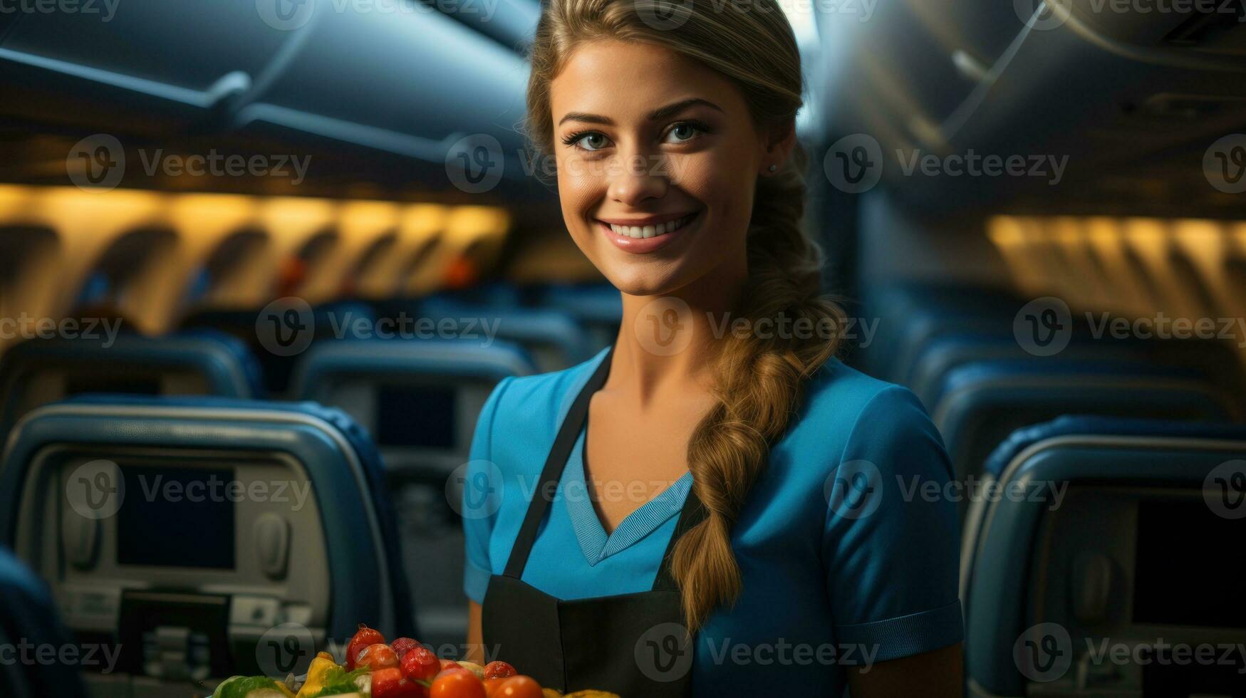 hostess donna servendo cibo su un' aereo. generativo ai foto