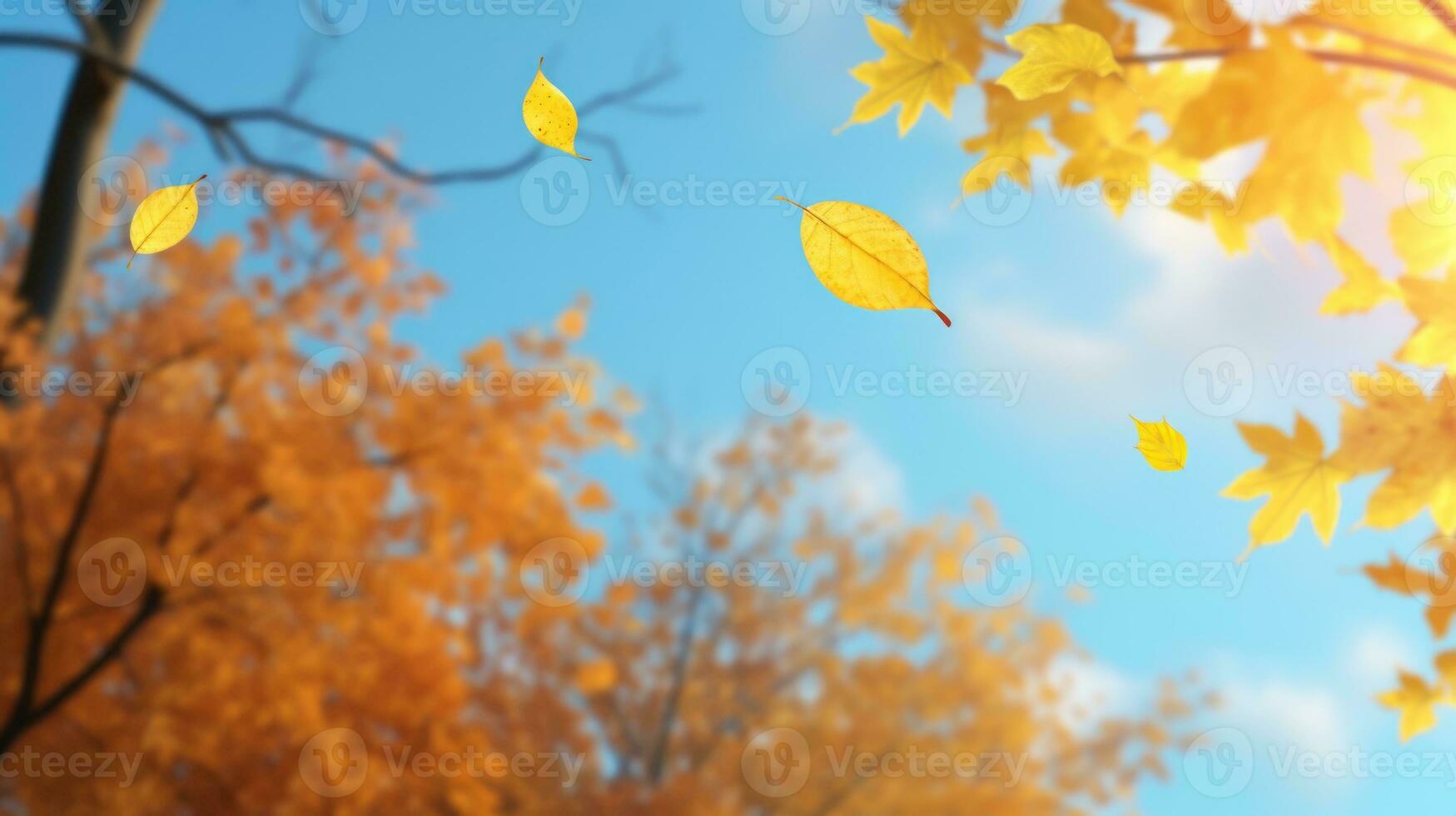 d'oro autunno scena con un' soleggiato giorni tavolozza, caduta le foglie contro un' cielo blu sfondo. generativo ai foto