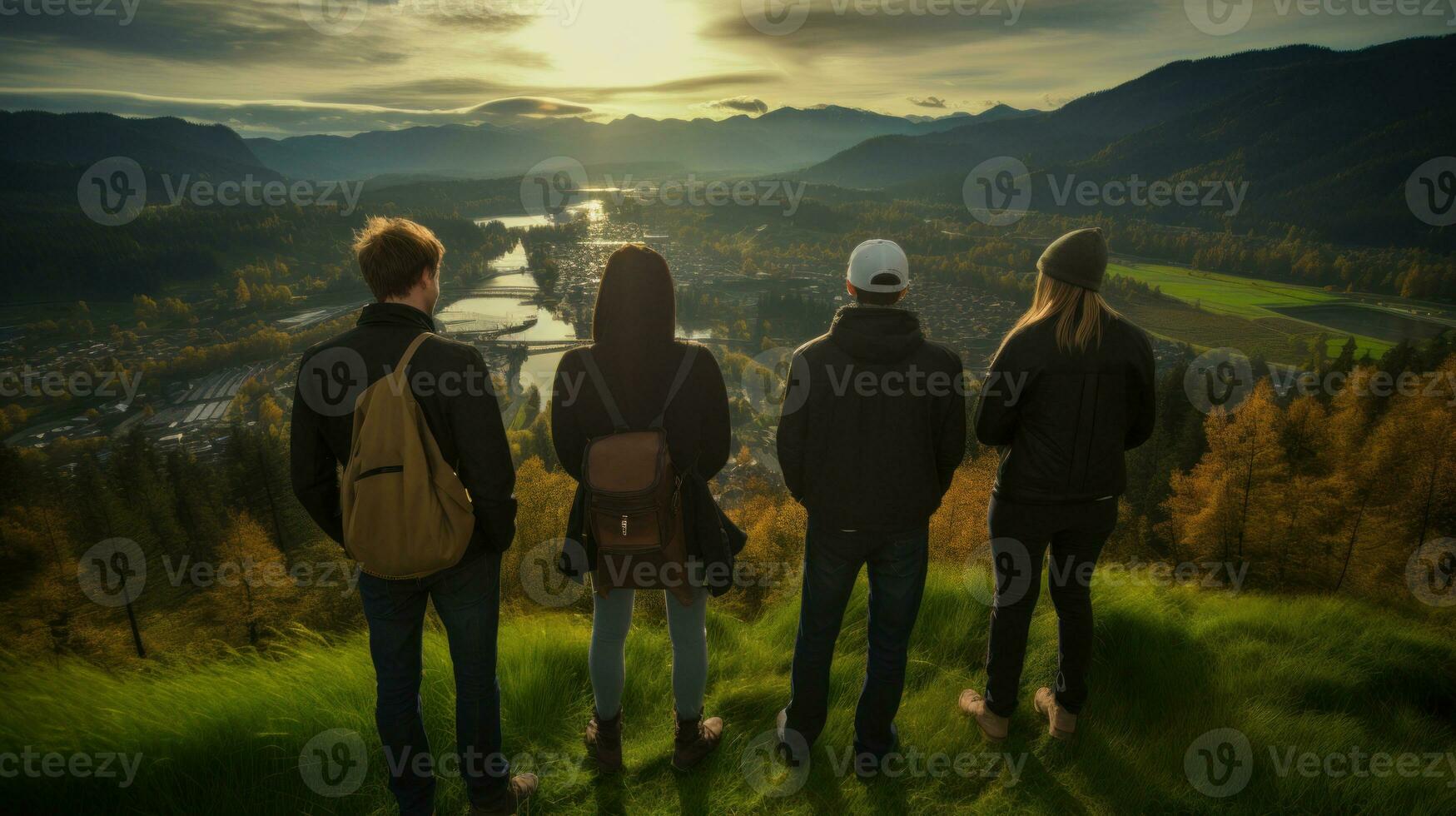 un' gruppo di alpinista amici Guardando il Visualizza a partire dal un' collina. generativo ai foto