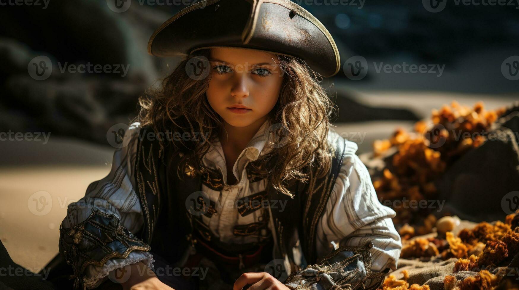 poco ragazzo vestito come un' pirata ricerca per tesoro.. generativo ai foto