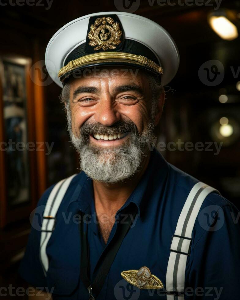 marinaio nel un' camicia con un' nautico berretto.. generativo ai foto