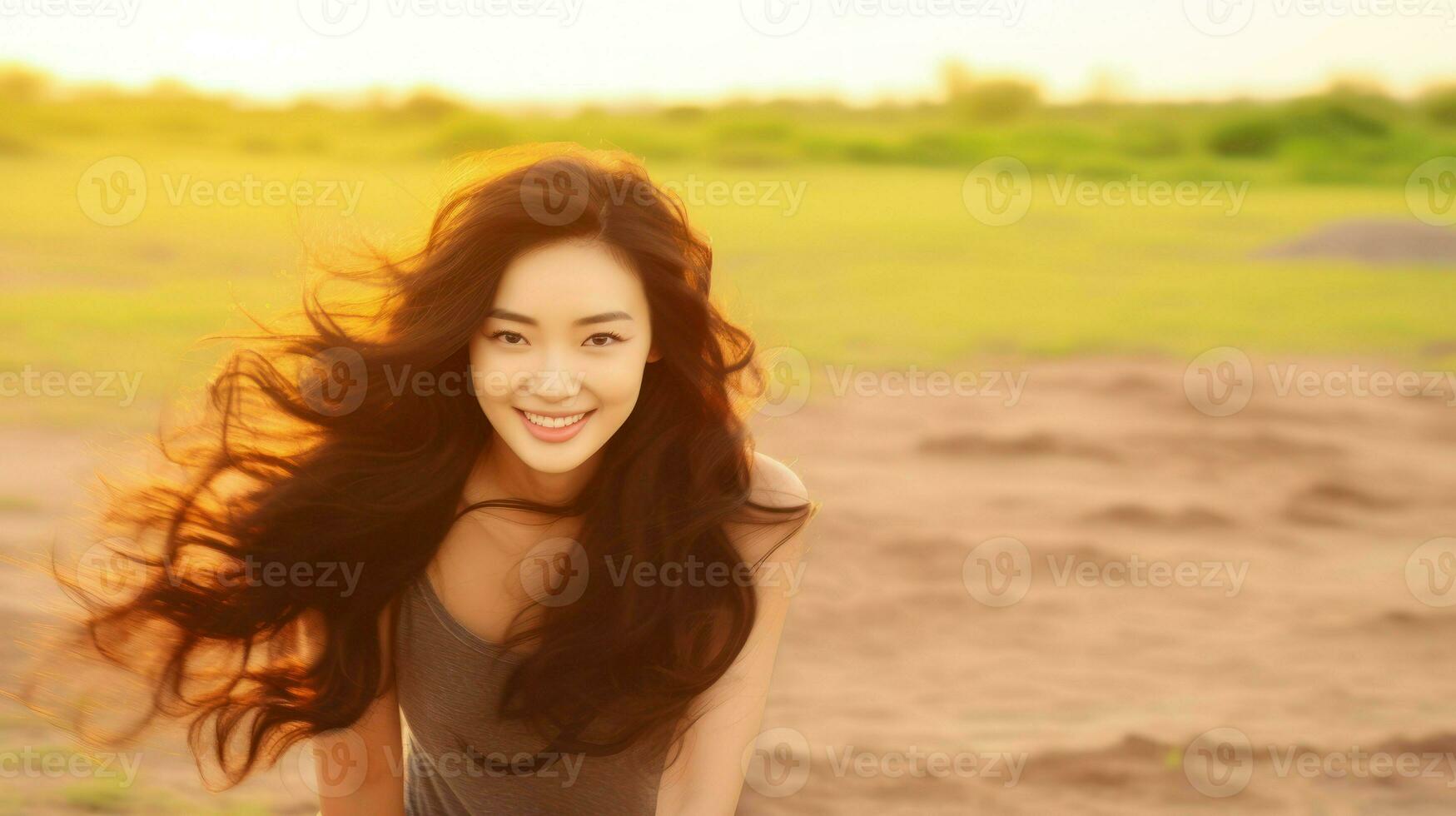 asiatico donna sorridente su un' soleggiato campo.. generativo ai foto