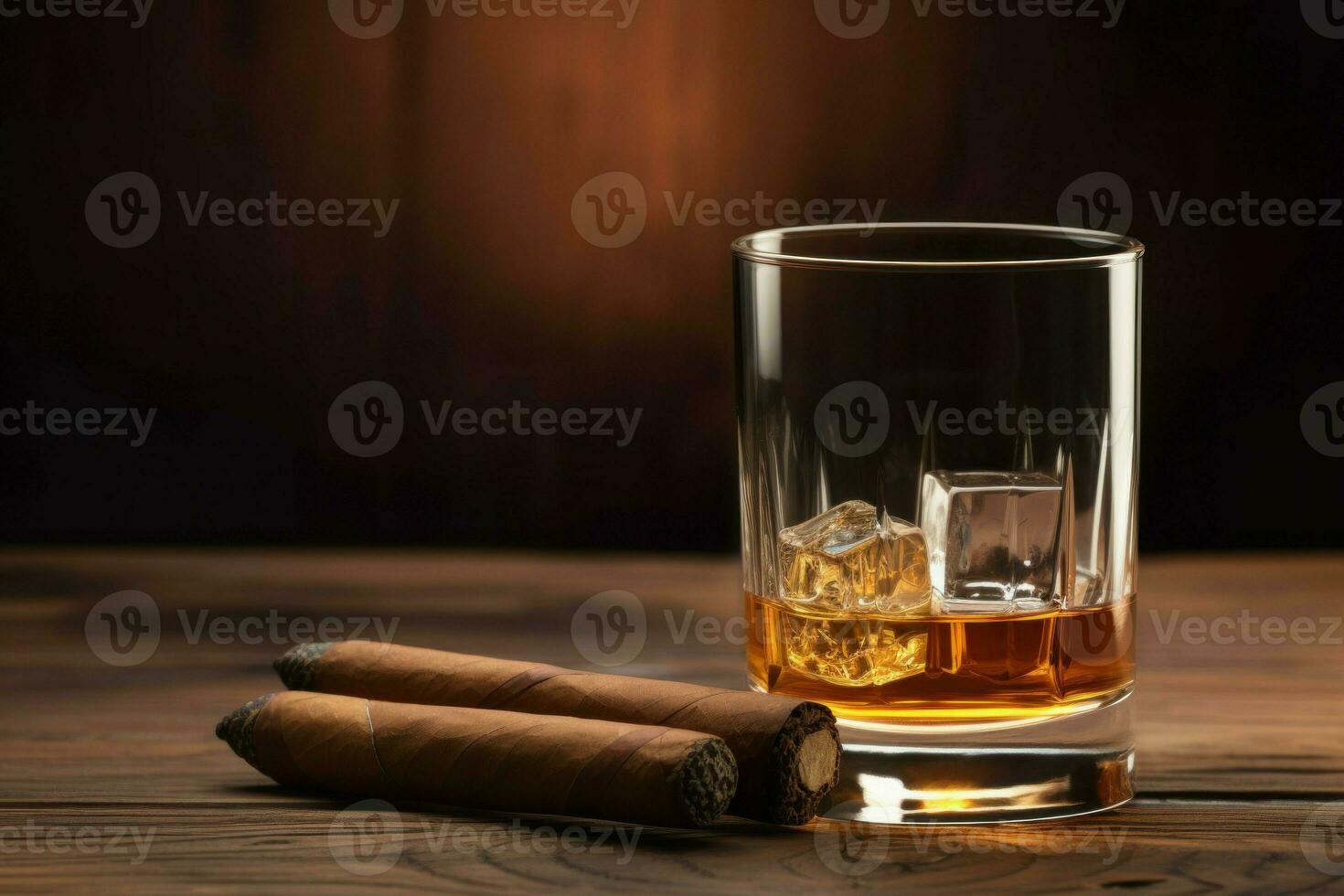 whisky sigaro bicchiere di legno tavolo. creare ai foto