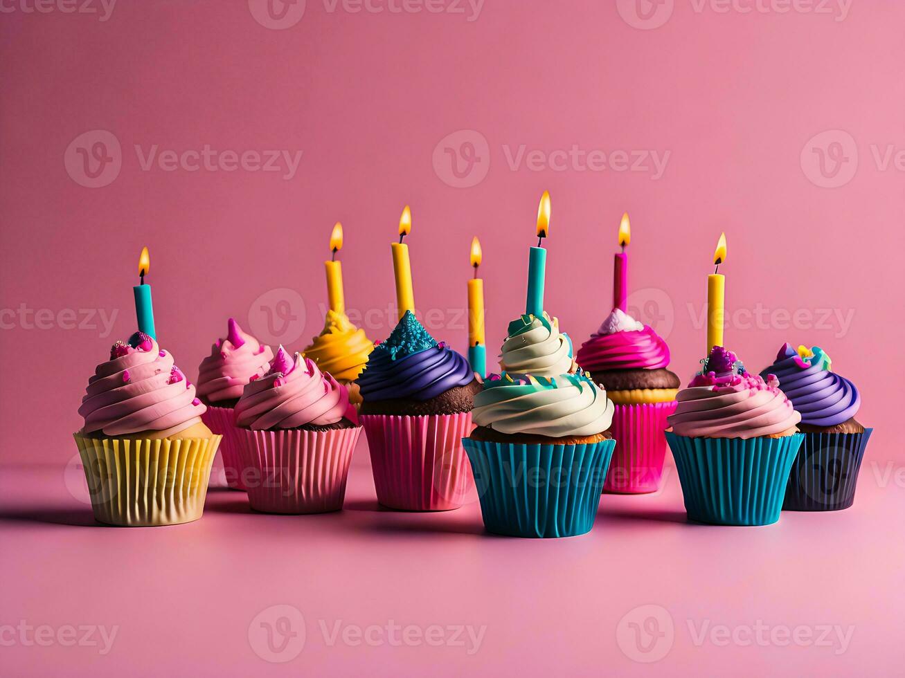compleanno sfondo con rosa compleanno Cupcake e candela, compleanno regalo e festa cappello, copia spazio generativo ai foto