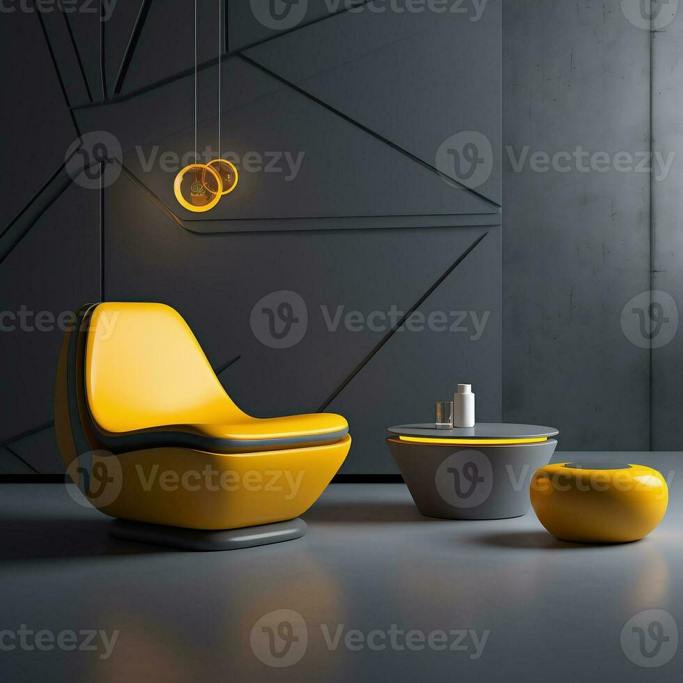 futuristico elegante giallo poltrona e tavolo su grigio sfondo. ai generato. foto
