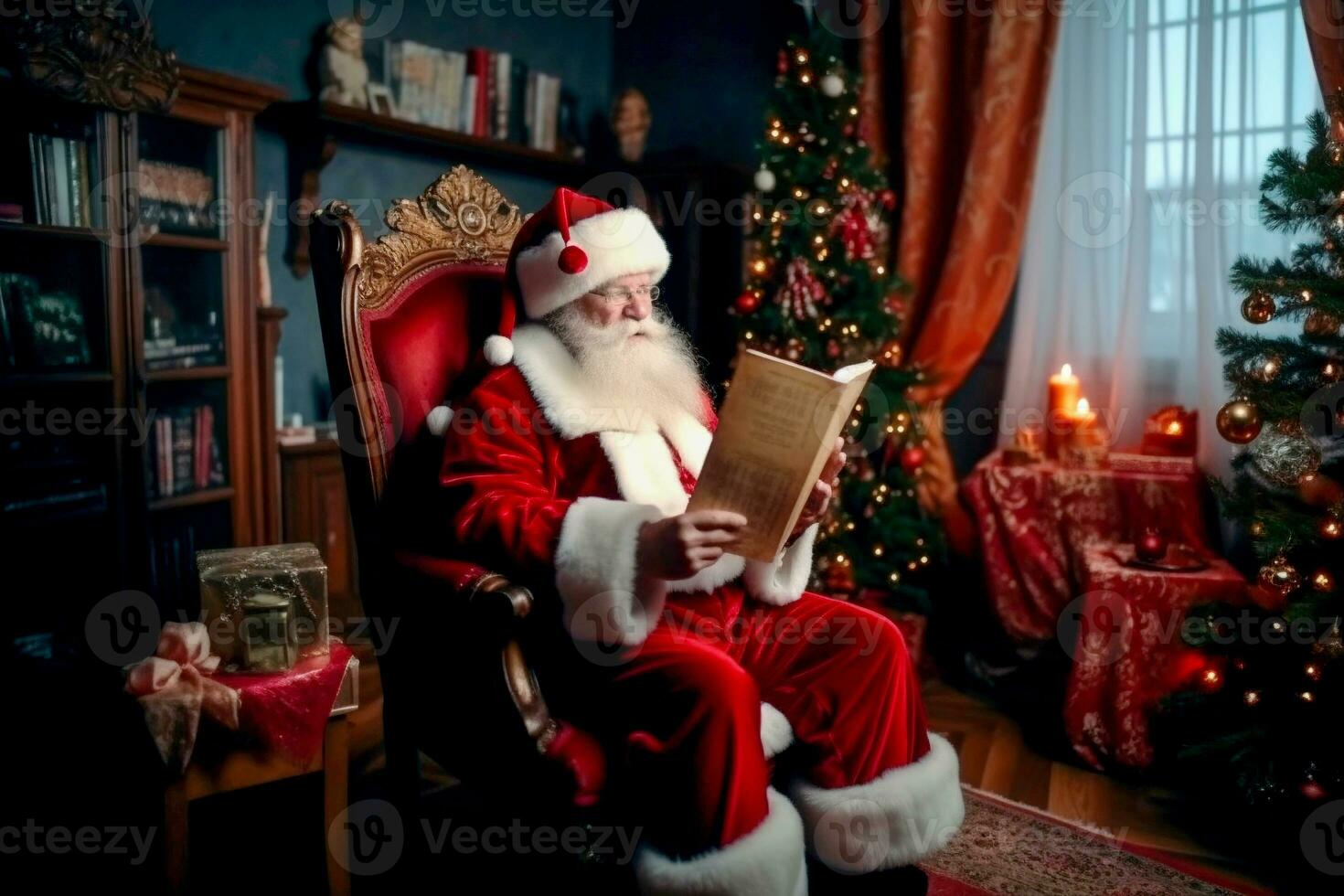 Santa lettura un' libro nel un' accogliente Natale decorato camera foto