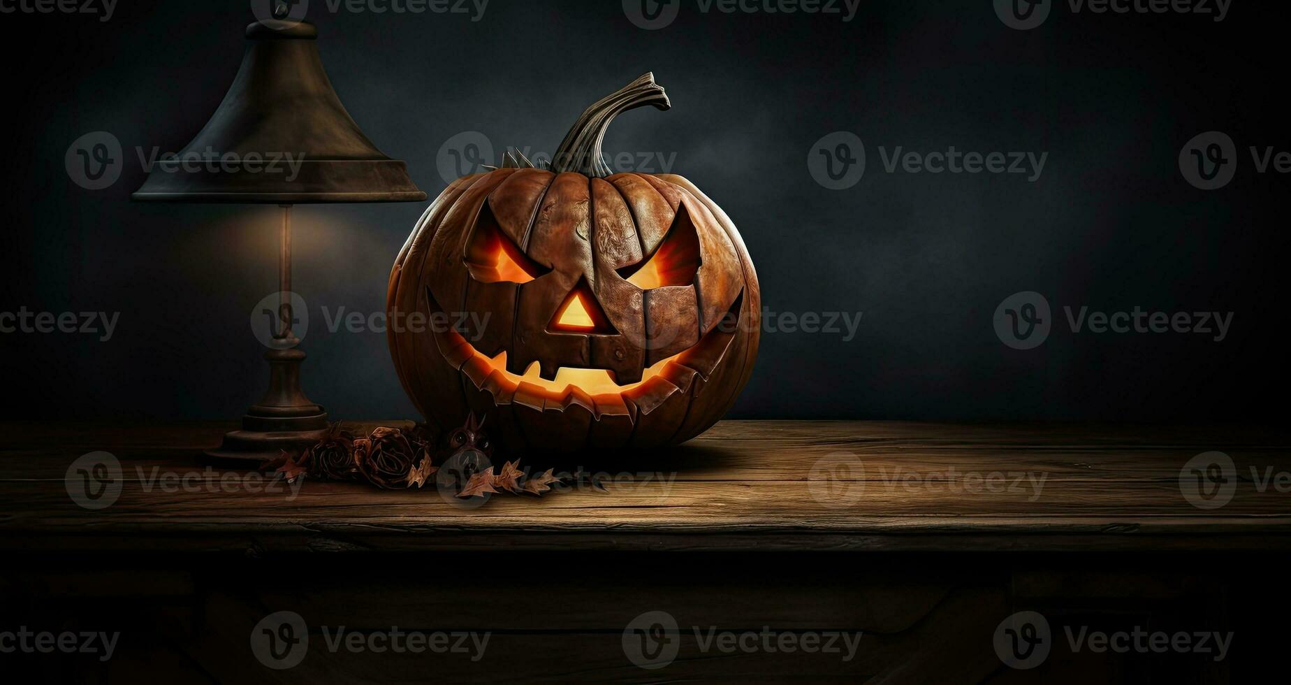 ai generativo Jack lanterna su il tavolo. Halloween notte. ardente candele. Halloween sfondo. foto