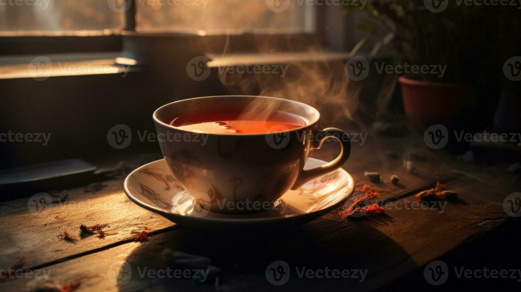 ai generativo un' tazza di caldo tè su un' di legno tavolo nel il raggi di il mattina sole foto