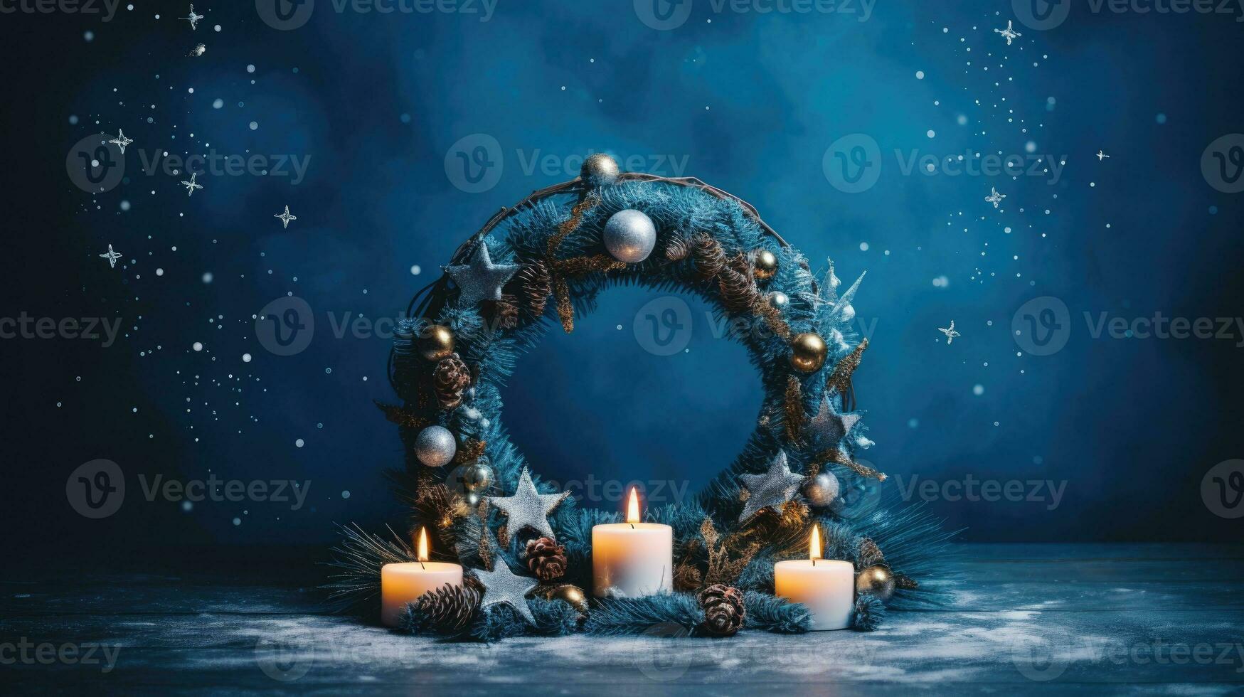 ai generativo Natale ghirlanda con ardente candele e stelle su buio blu sfondo. foto