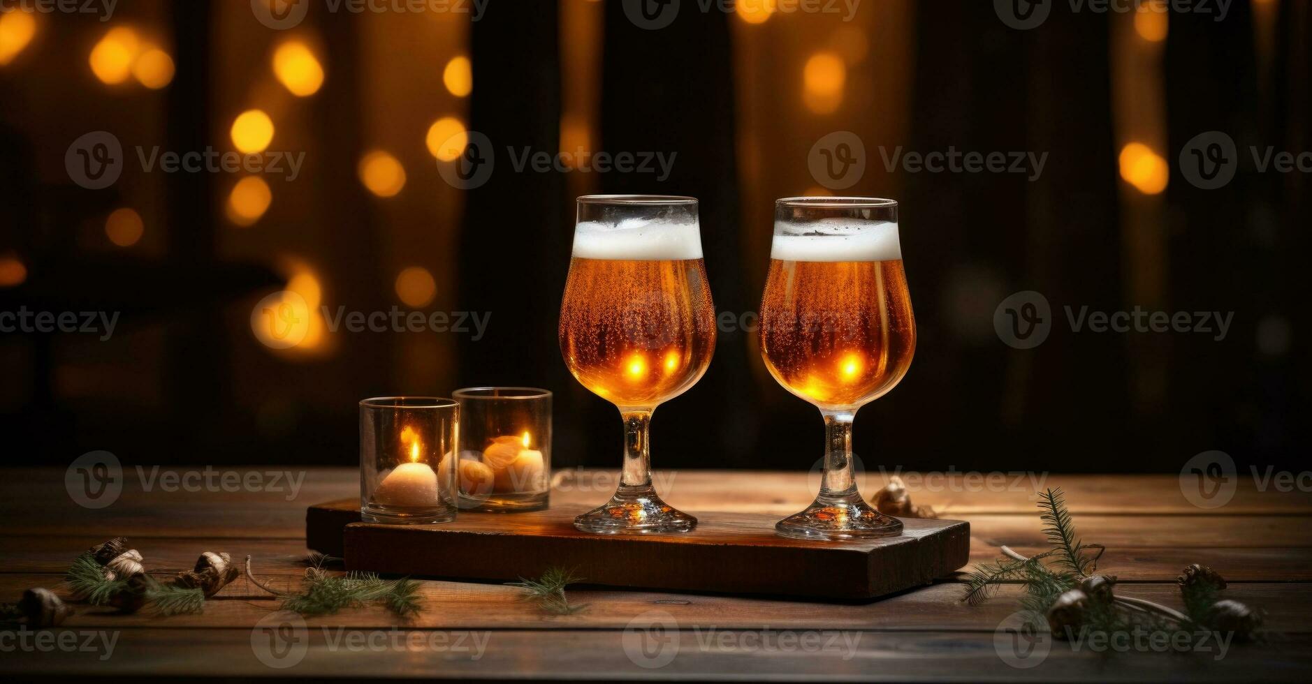 ai generativo Due bicchieri di birra su di legno tavolo con Natale luci. bokeh sfondo. elementi di Natale decorazione su il tavolo. foto