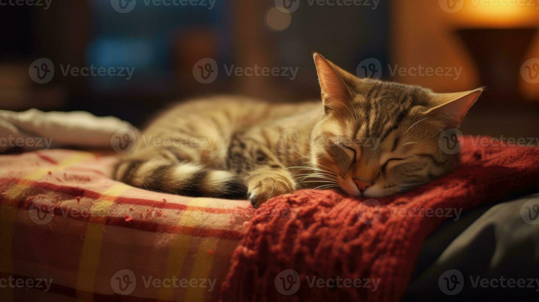 carino gatto addormentato su divano a casa, avvicinamento. bello animale domestico ai generato foto