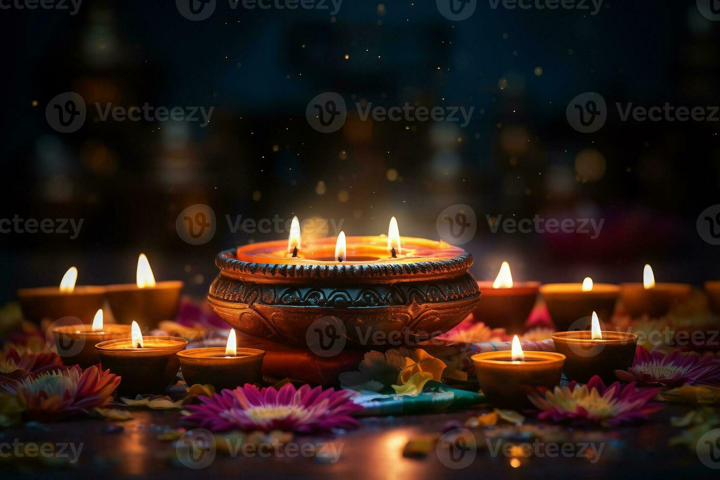 celebrare indiano vacanza Diwali con candele luci e fiori. ai generativo. foto