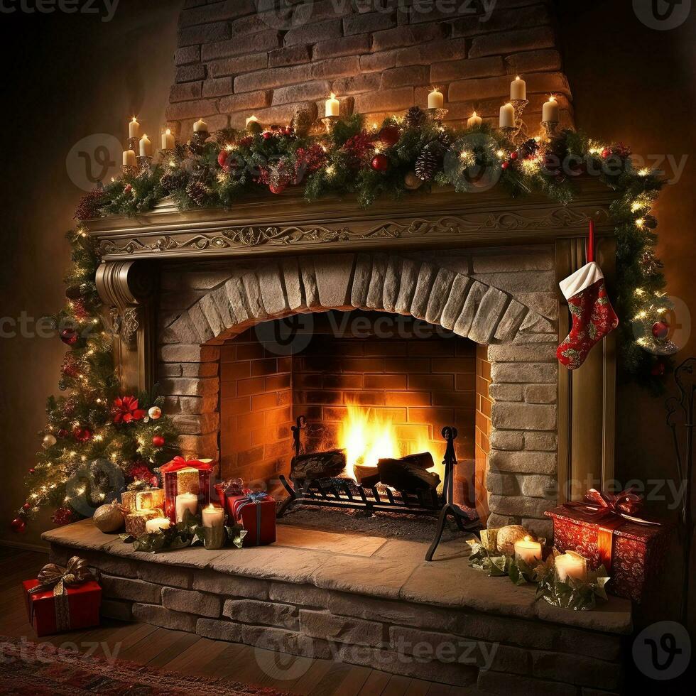 camino con Natale albero decorazioni, candele e regali. accogliente Natale casa. ai generativo. foto