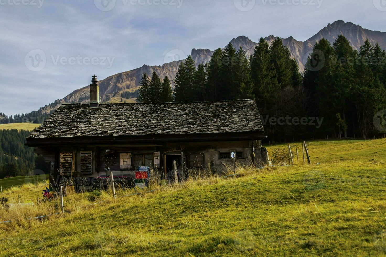 un' piccolo cabina nel il montagne foto