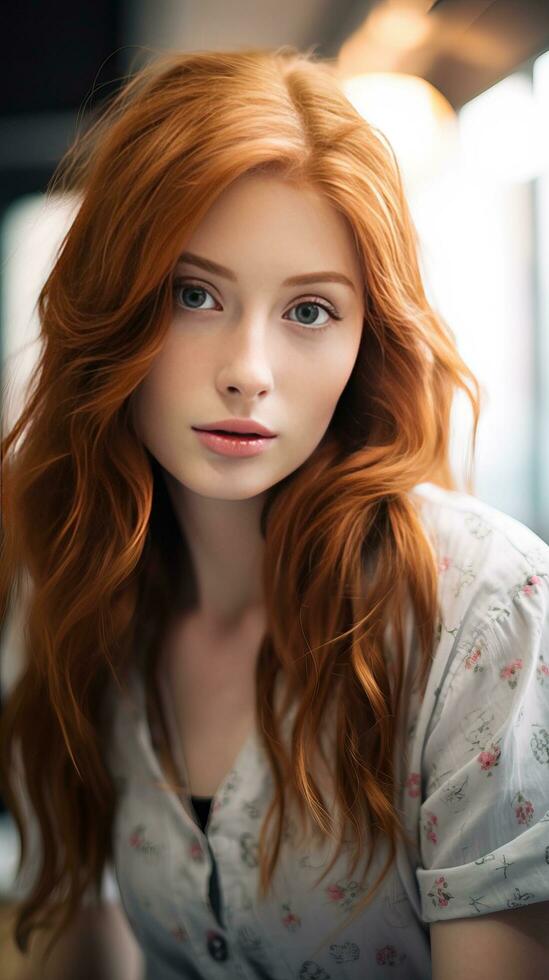 bellissimo donna con lungo rosso Riccio capelli, rosso testa. generativo ai foto