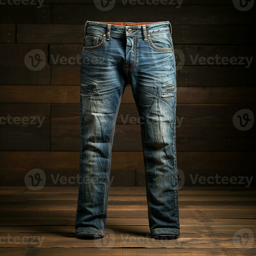 ai generato blu jeans jeans con legna sfondo foto