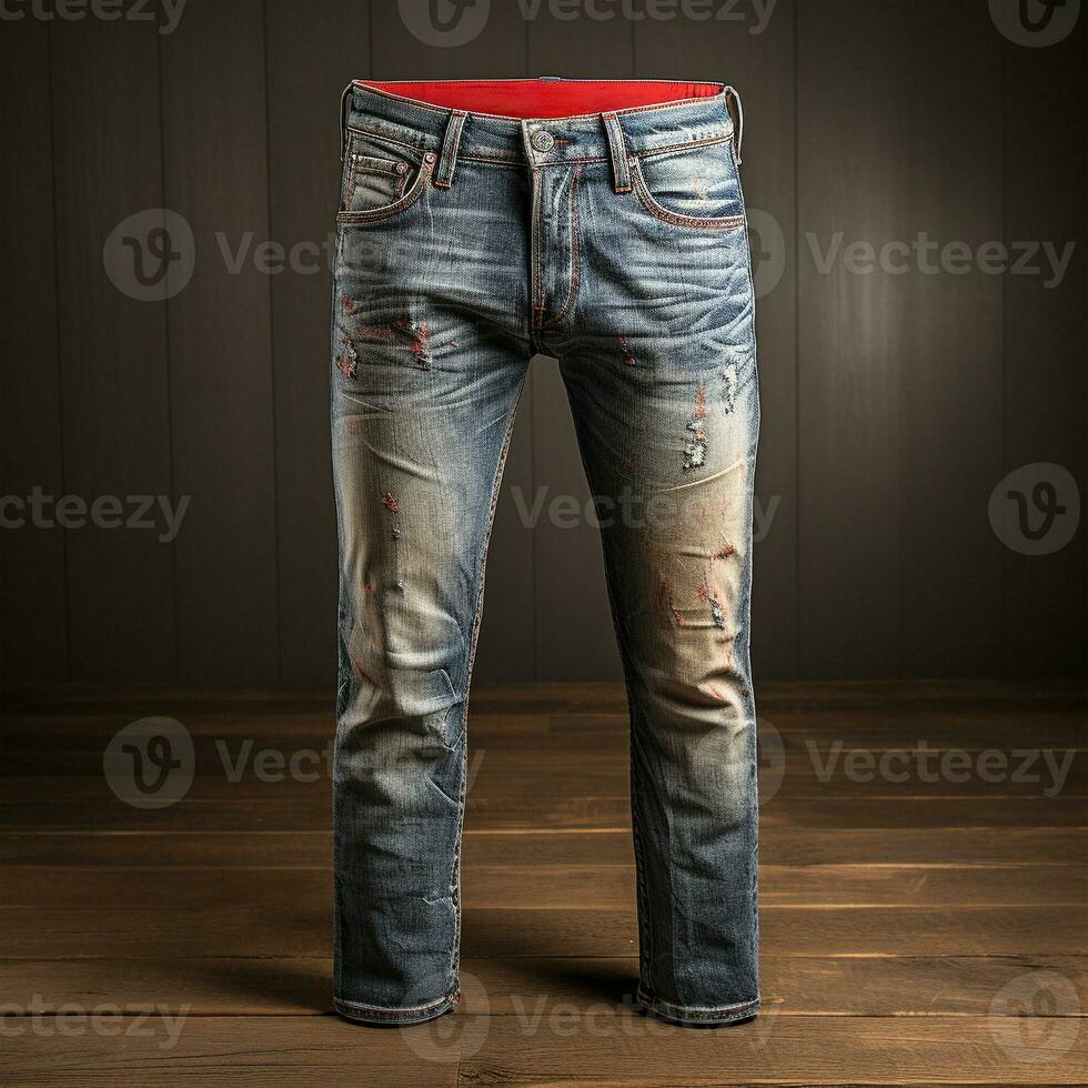 ai generato blu jeans jeans con legna sfondo foto