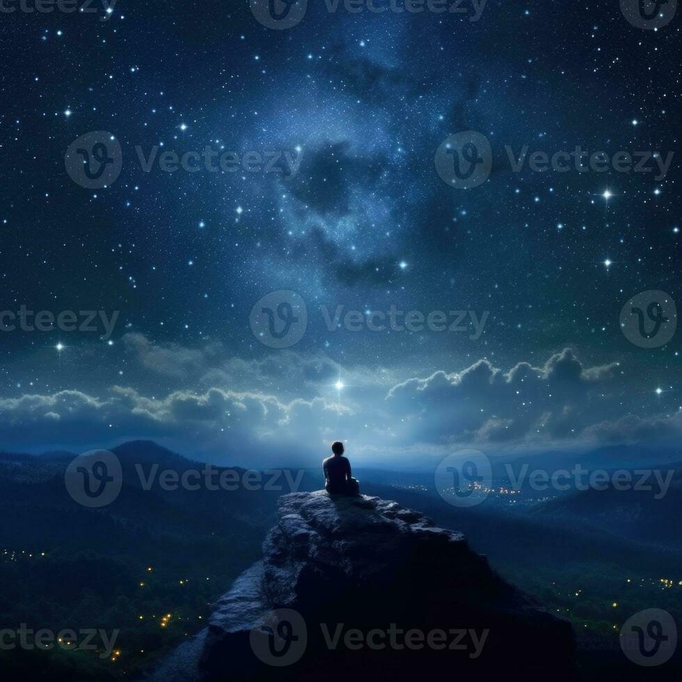 silhouette di uomo seduta su superiore di montagna e guardare a notte cielo. ai generato foto