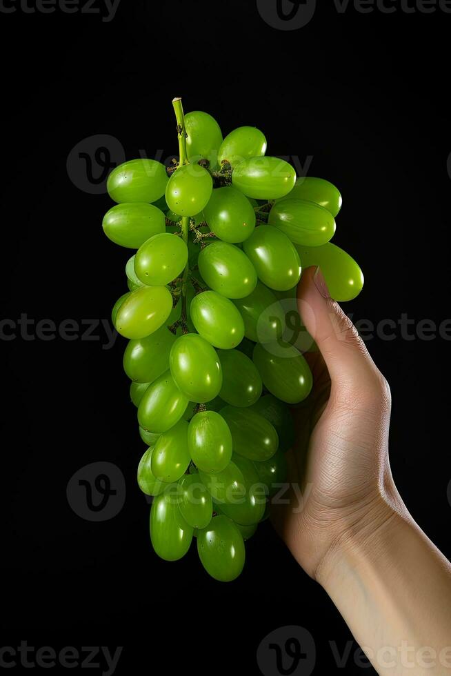 mano Tenere verde uva mazzo isolato su nero sfondo. ai generato foto