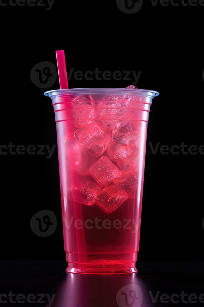 rosa bevanda nel plastica tazza isolato su nero sfondo. prendere lontano bevande concetto. ai generato foto