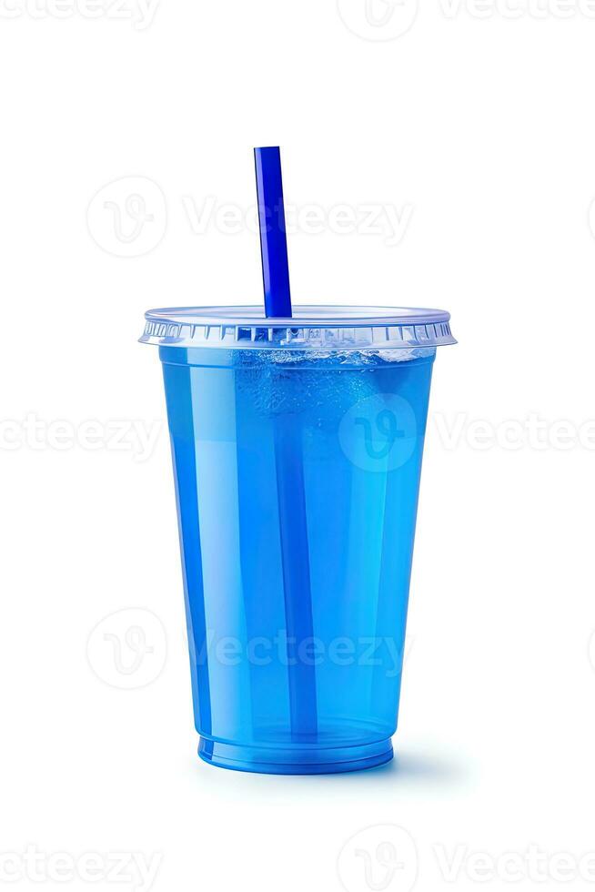 blu bevanda nel un' plastica tazza isolato su un' bianca sfondo. prendere lontano bevande concetto. ai generato foto