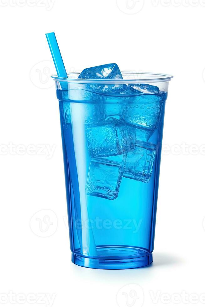 blu bevanda nel un' plastica tazza isolato su un' bianca sfondo. prendere lontano bevande concetto. ai generato foto