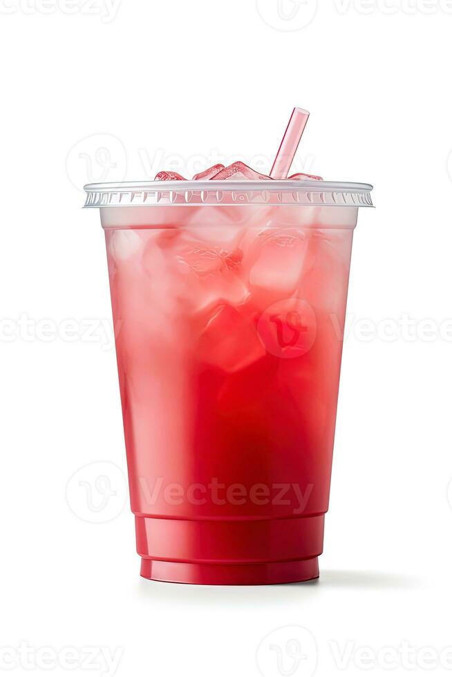 rosso bevanda nel un' plastica tazza isolato su un' bianca sfondo. prendere lontano bevande concetto. ai generato foto