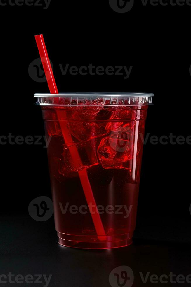 rosso bevanda nel un' plastica tazza isolato su un' nero sfondo. prendere lontano bevande concetto. ai generato foto