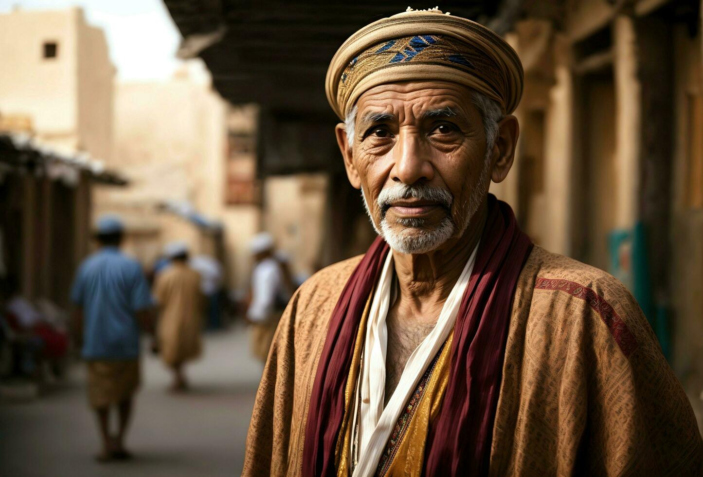 ai generativo ritratto di anziano egiziano uomo nel tradizionale capi di abbigliamento stile, sfondo, bandiera con copia spazio testo foto