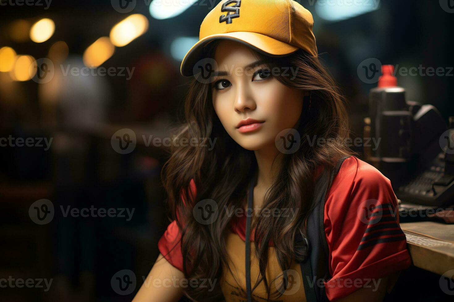 ai generativo bellissimo asiatico baseball ragazza figura nel casuale attrezzatura foto