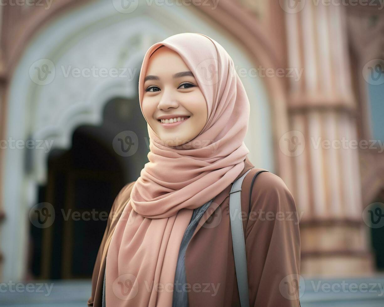 ai generativo bellissimo asiatico musulmano ragazza indossare hijab foto