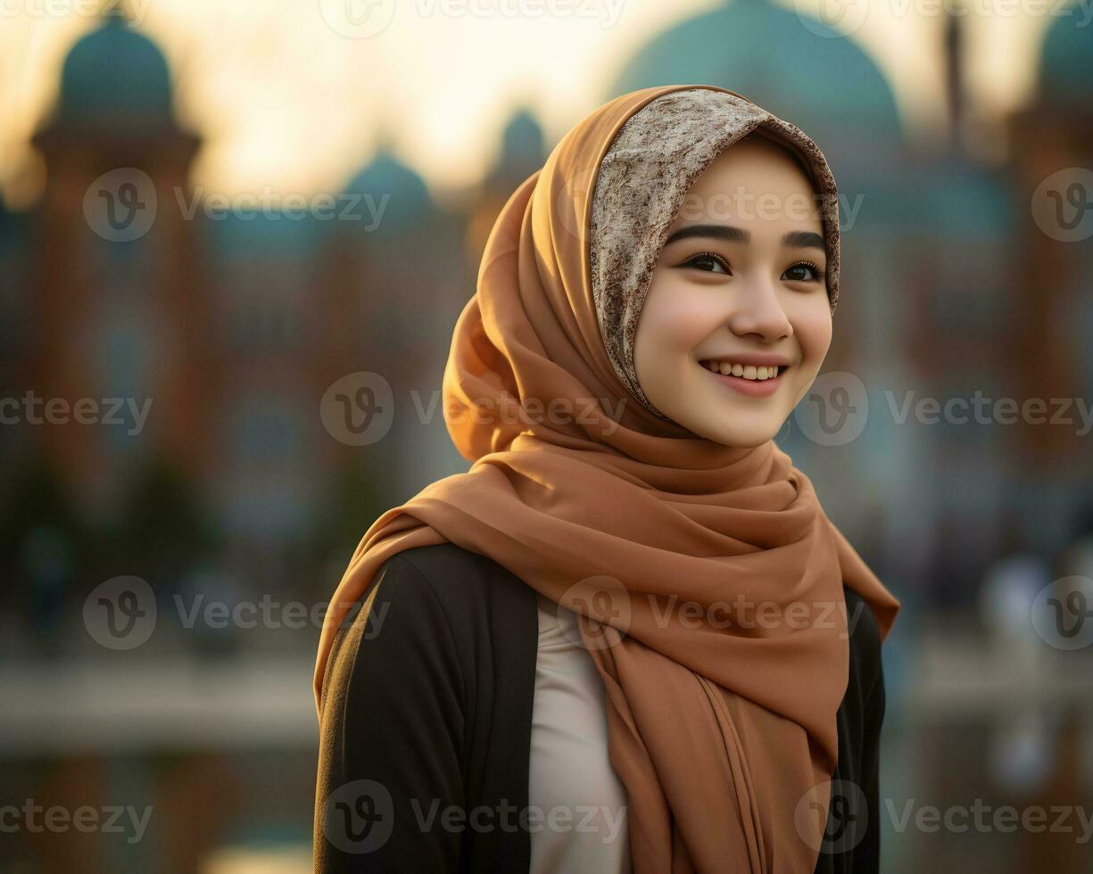 ai generativo bellissimo asiatico musulmano ragazza indossare hijab foto