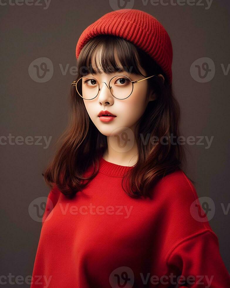 ai generativo bellissimo asiatico ragazza indossare rosso maglione bicchieri e cappello foto