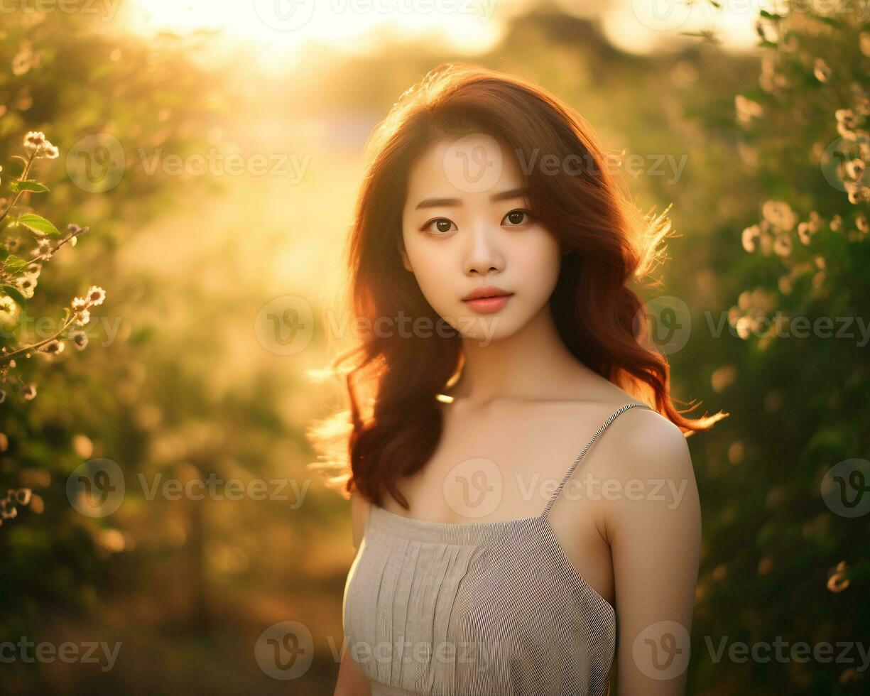 ai generativo bellissimo asiatico ragazza mostrando naturale bellezza foto