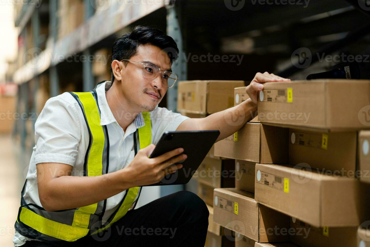 un' magazzino lavoratore usi un' il computer portatile per dai un'occhiata il scatole nel un' magazzino magazzino pieno di scatole. industriale magazzino. foto
