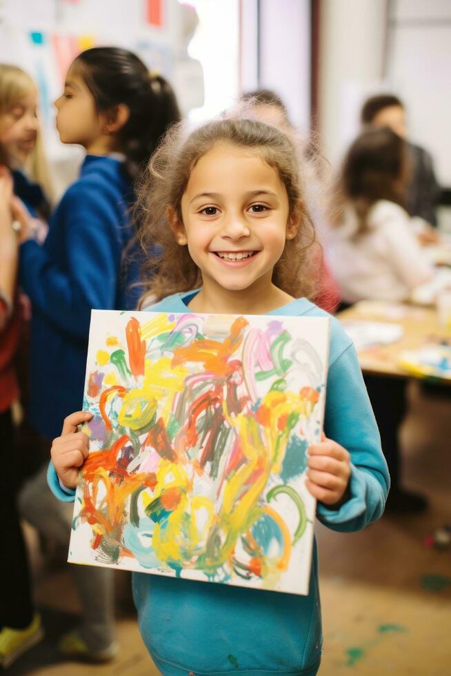 bambino artista mostrando via loro capolavoro per il telecamera foto