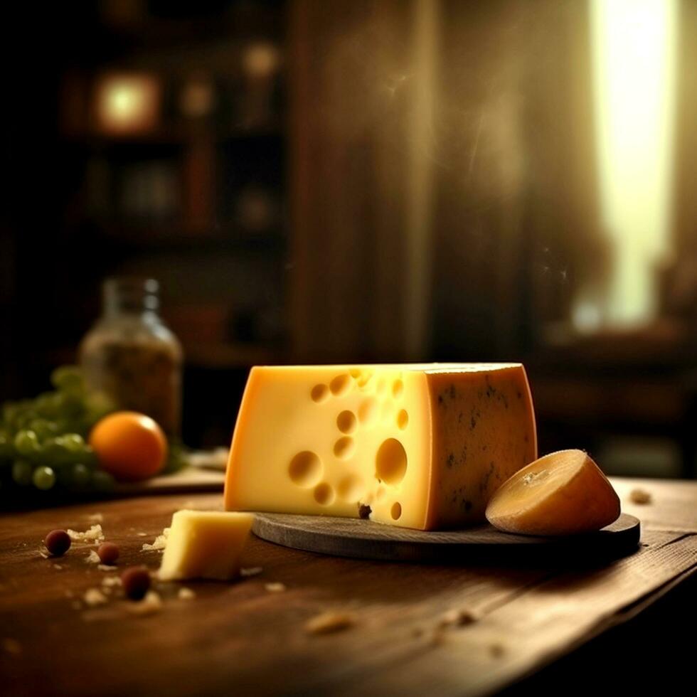 ai generativo pezzo di gustoso formaggio su un' di legno tavolo isolato su buio sfondo foto
