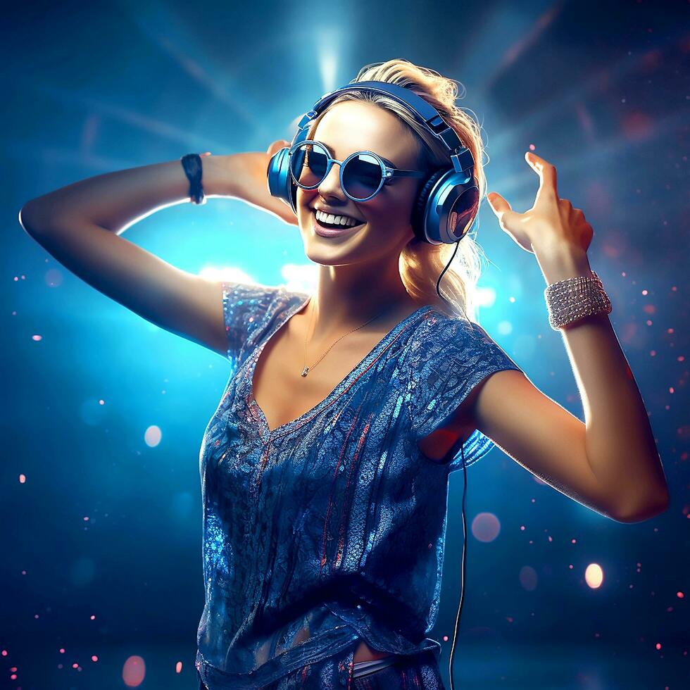 ai generativo un' giovane bella danza ragazza indossare moderno cuffie con occhiali da sole ascoltando per musica al di sopra di blu raggiante sfondo foto