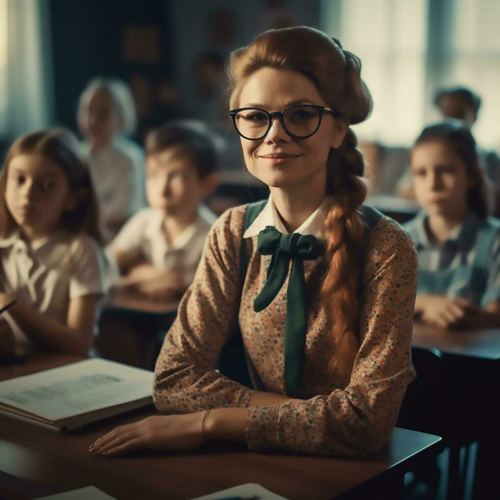 ai generativo bellissimo insegnante seduta nel davanti di il aula nel un elementare scuola e sorridente a il telecamera foto