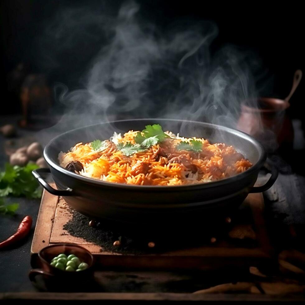 ai generativo delizioso pollo biryani con Fumo nel un' nero piatto su un' di legno vassoio vicino su fotografia foto