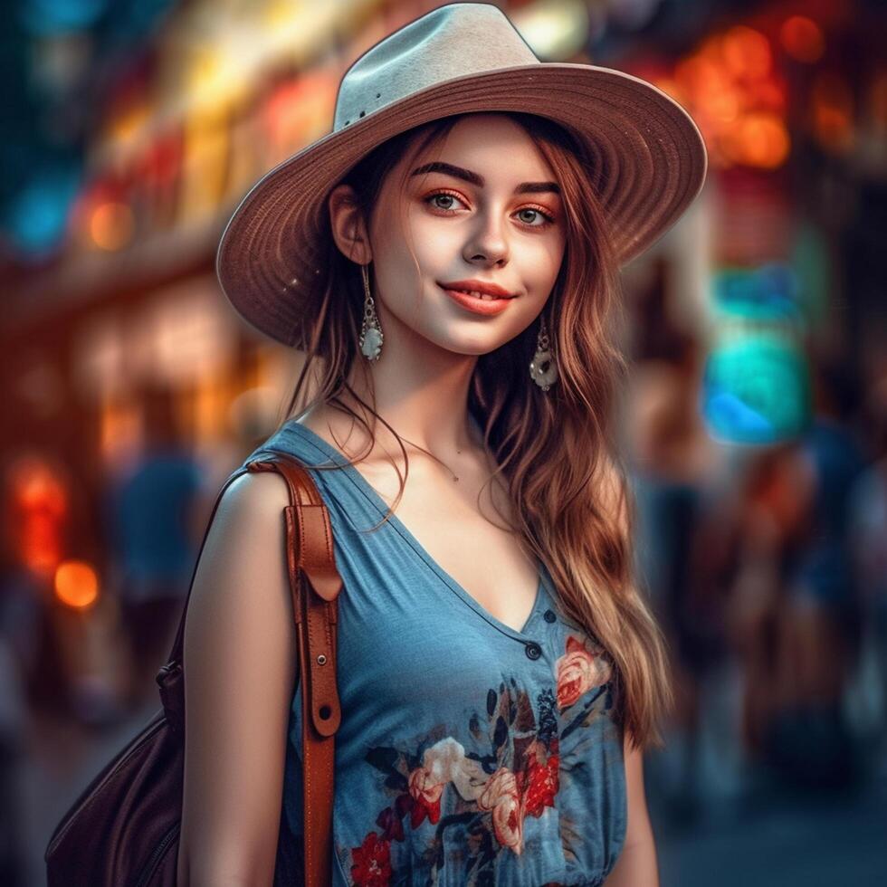 ai generativo bellissimo turista ragazza nel blu superiore e cappello foto